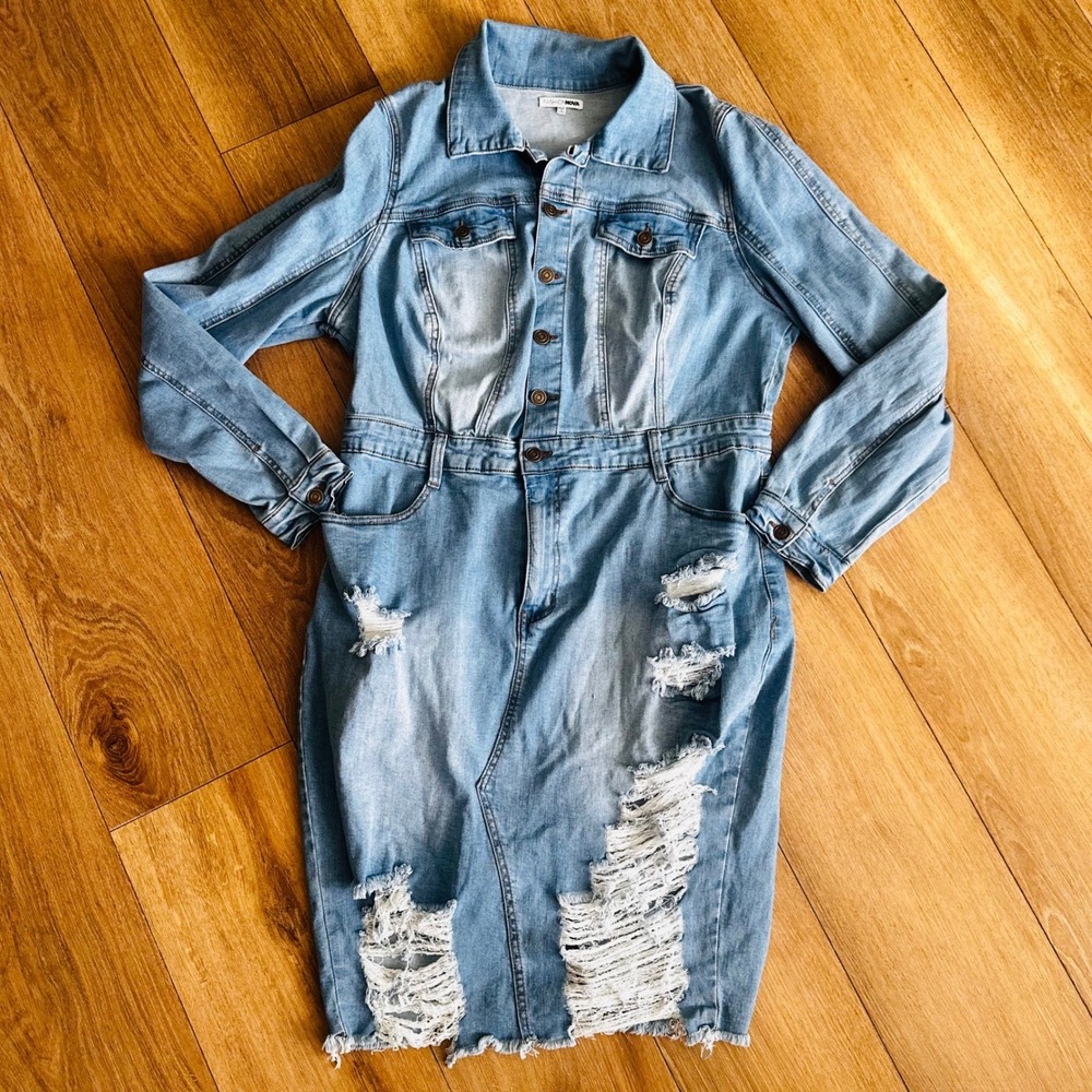Fashion Nova‎ Womens Plus 1X Distressed Denim Midi Dress Light Wash Long Sleeve